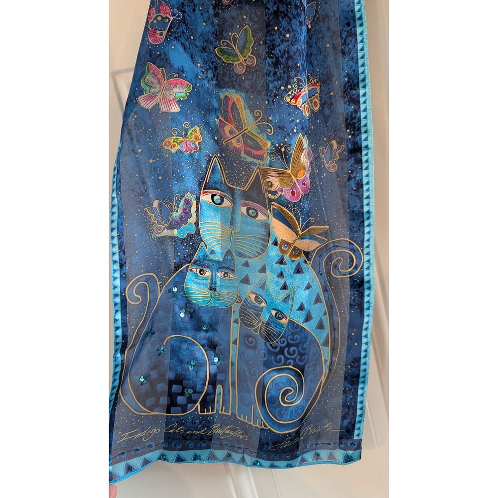Laurel Burch Indigo Cats & Butterflies Scarf Blue Beaded Sequin Art - Picture 4 of 5